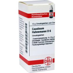 Weiße Schachtel mit homöopathischem Arzneimittel Causticum Hahnemanni D6 von DHU.