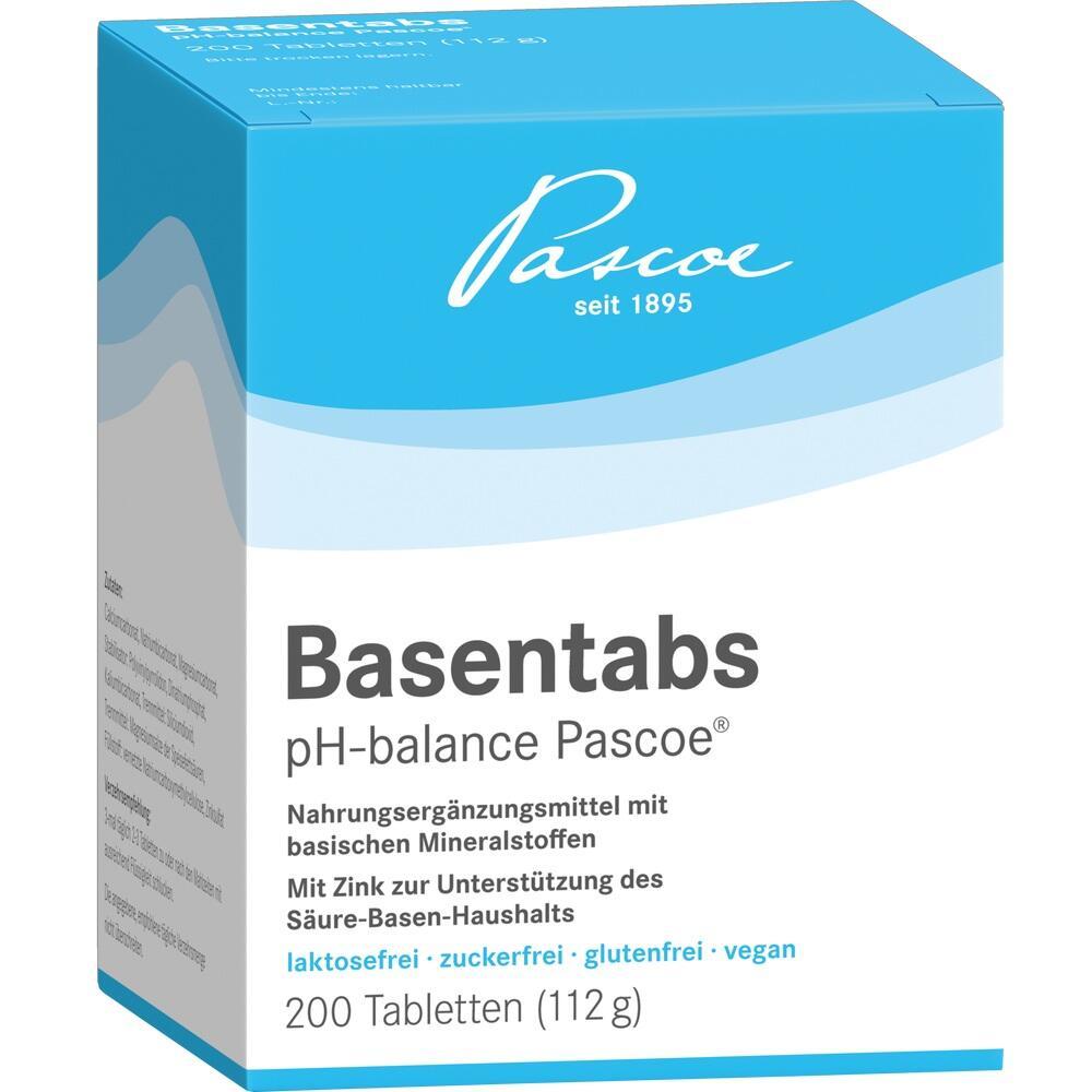 Eine blaue Packung mit Nahrungsergänzungsmitteln namens "Basentabs".